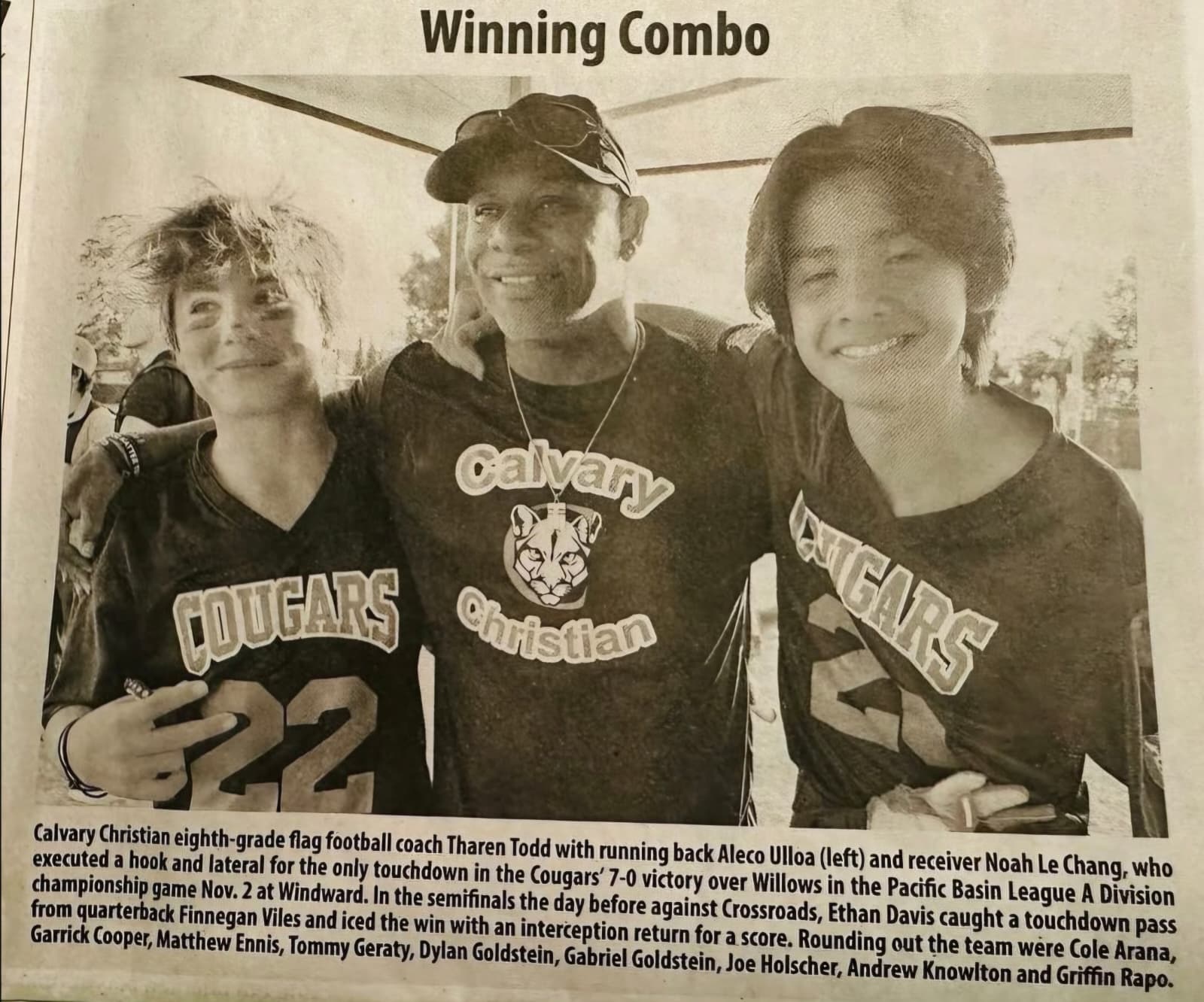 Newspaper clipping titled Winning Combo: Calvary Christian eighth-grade flag football coach Tharen Todd with players Aleco Ulloa and Noah Le Chang after their Pacific Basin League A Division championship win